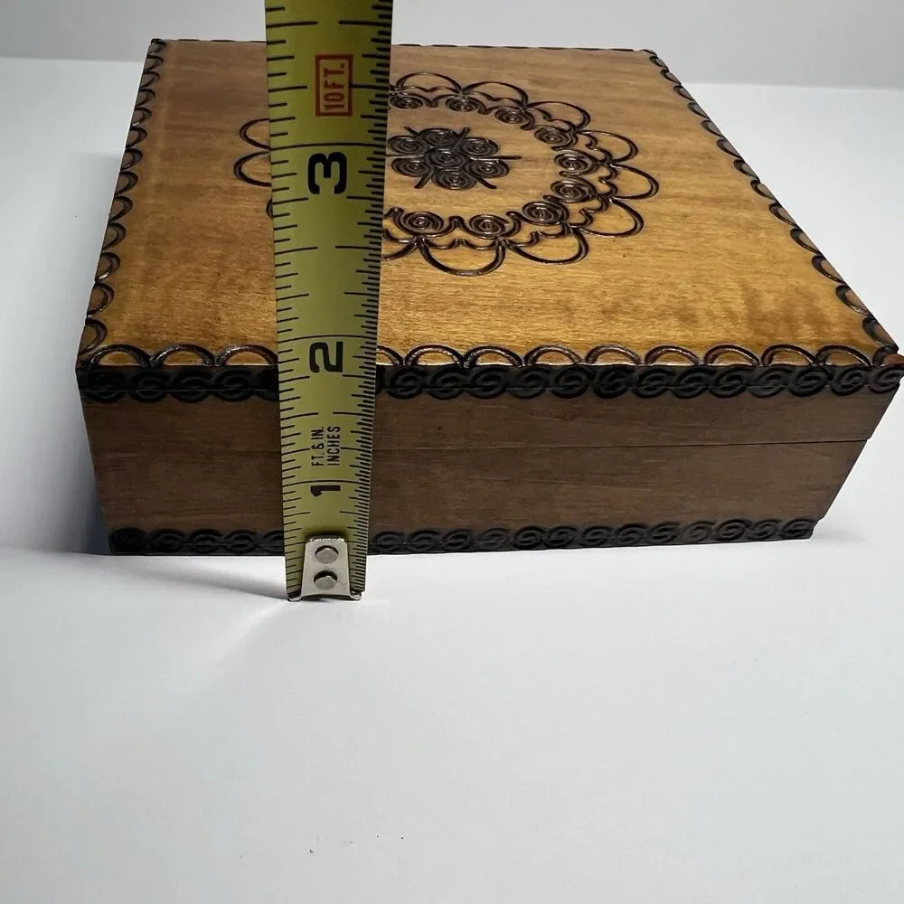 Vintage Polish Hand Carved Hot Stamped Wood Jewelry Box 4.5